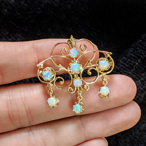VINTAGE OPAL PIN PENDANT 14K YELLOW GOLD ART NOUVEAU NATURAL ANTIQUE NECKLACE
