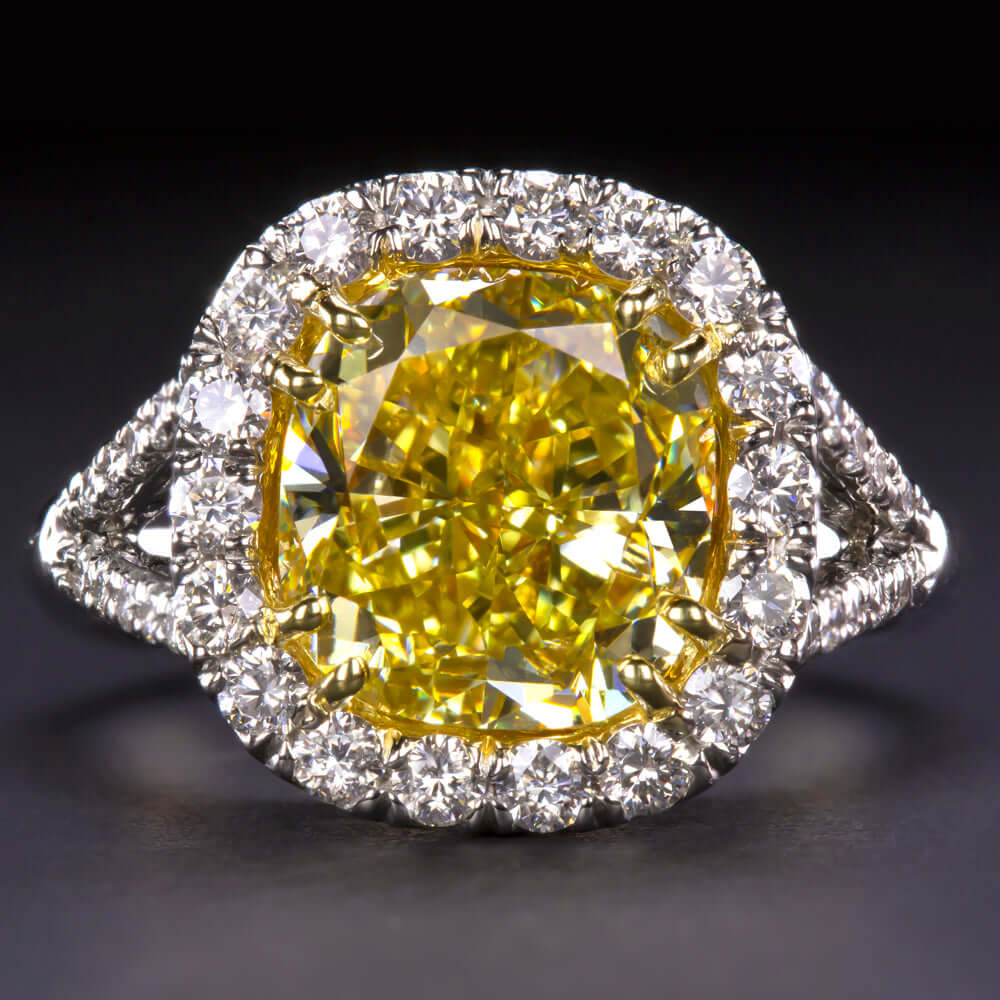 5 CARAT GIA CERTIFIED FANCY YELLOW VVS1 DIAMOND ENGAGEMENT RING PLATINUM HALO