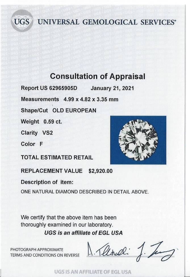 0.59ct CERTIFIED F VS2 OLD EUROPEAN CUT DIAMOND VINTAGE ANTIQUE LOOSE NATURAL