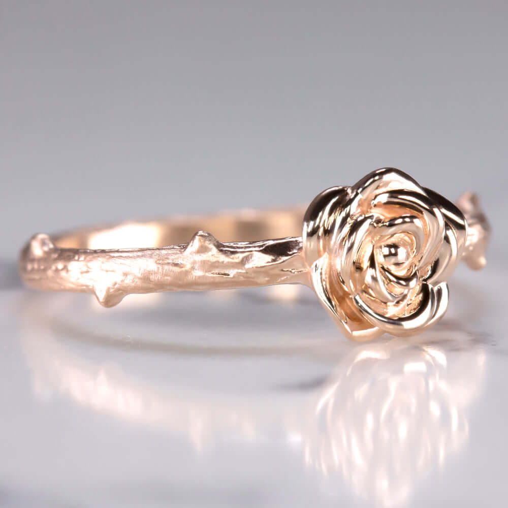 14k ROSE GOLD ROSE BLOSSOM RING FLOWER SOLITAIRE FLORAL BOTANICAL BRANCH VINE