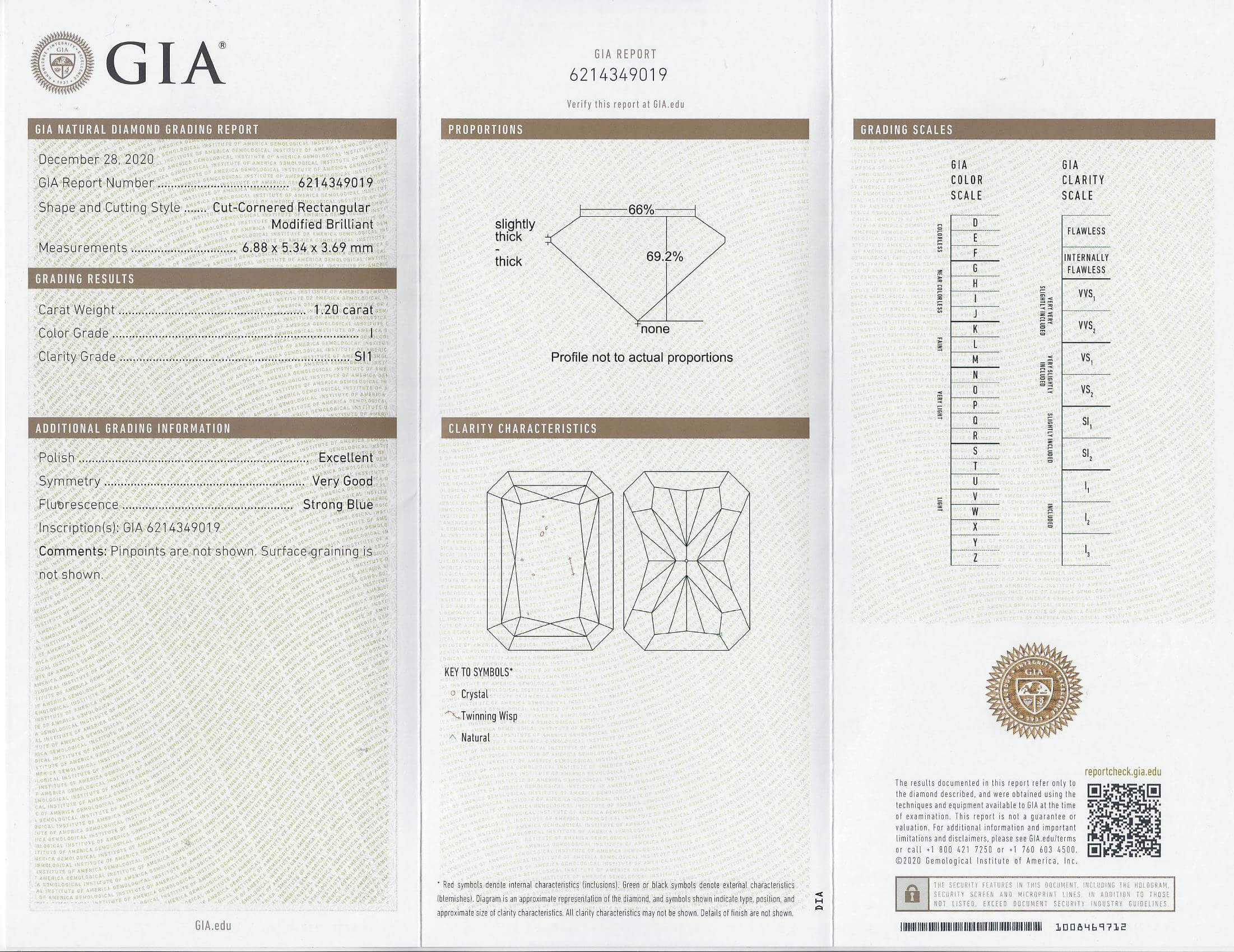 1.2ct GIA CERTIFIED I SI1 RADIANT CUT DIAMOND LOOSE ELONGATED NATURAL 1.25 CARAT