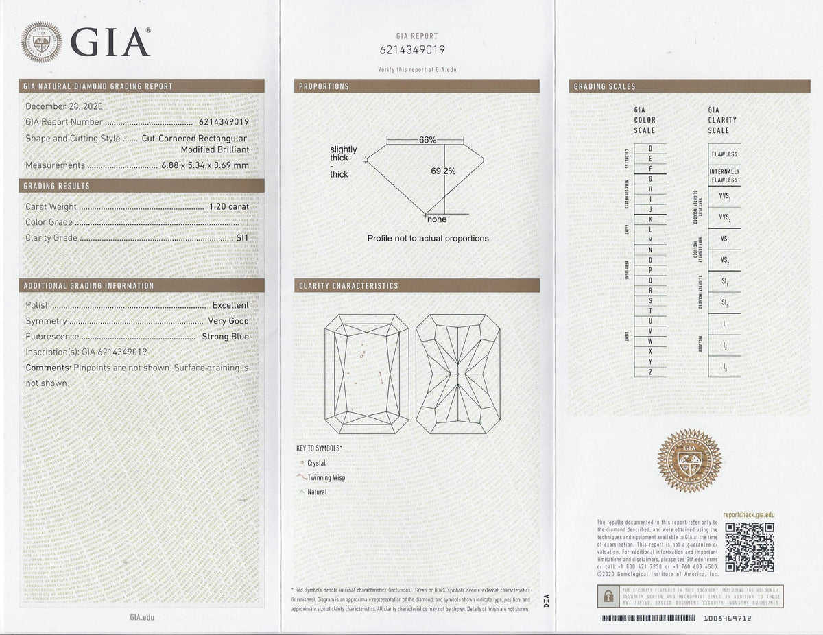 1.2ct GIA CERTIFIED I SI1 RADIANT CUT DIAMOND LOOSE ELONGATED NATURAL 1.25 CARAT