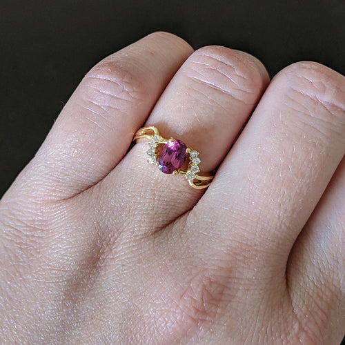 PINK TOURMALINE NATURAL DIAMOND RING 14k YELLOW GOLD COCKTAIL BYPASS OVAL SHAPE