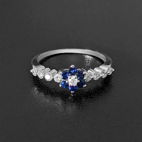 SAPPHIRE DIAMOND CLUSTER COCKTAIL RING 14K WHITE GOLD NATURAL ESTATE RIGHT HAND