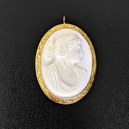 VINTAGE CAMEO PENDANT 1.75in 12gm GOLD NECKLACE VICTORIAN ENGRAVED PIN BROOCH