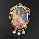 HAND PAINTED VINTAGE PORTRAIT PENDANT 14K YELLOW GOLD PEARL FILIGREE NECKLACE