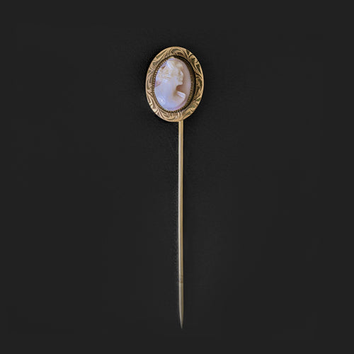 VINTAGE CAMEO STICK PIN ESTATE HAND CARVED PORTRAIT WOMAN VICTORIAN LADY