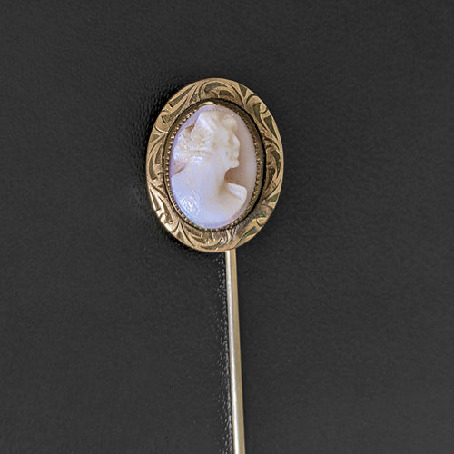 VINTAGE CAMEO STICK PIN ESTATE HAND CARVED PORTRAIT WOMAN VICTORIAN LADY