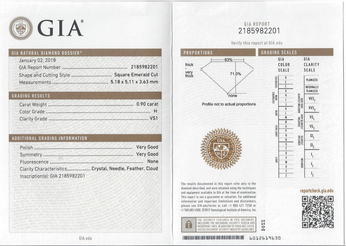 0.90ct GIA CERTIFIED H VS1 ASSCHER CUT DIAMOND SQUARE EMERALD NATURAL 1ct LOOSE