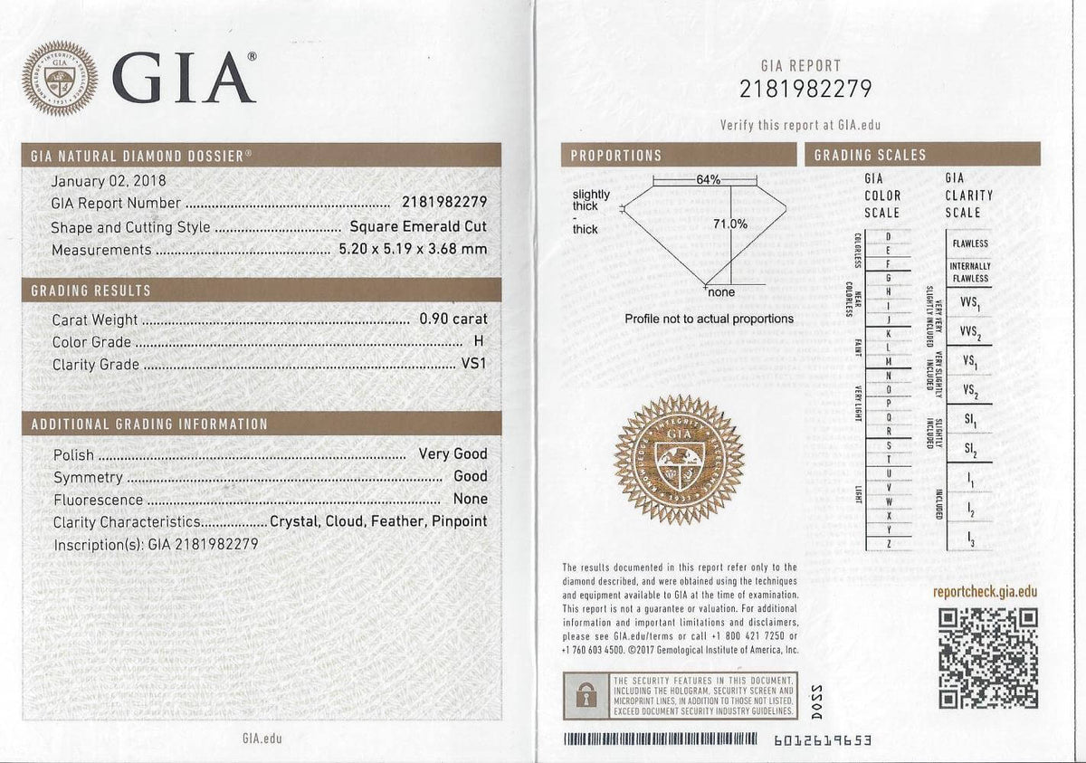 0.90ct GIA CERTIFIED H VS1 DIAMOND ASSCHER CUT SQUARE EMERALD NATURAL LOOSE 1ct