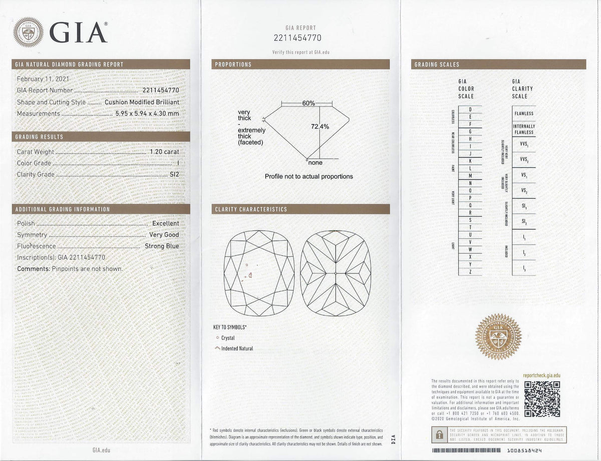 1.20ct GIA CERTIFIED IDEAL CUSHION BRILLIANT CUT DIAMOND I SI2 SHAPE MODERN 1.25