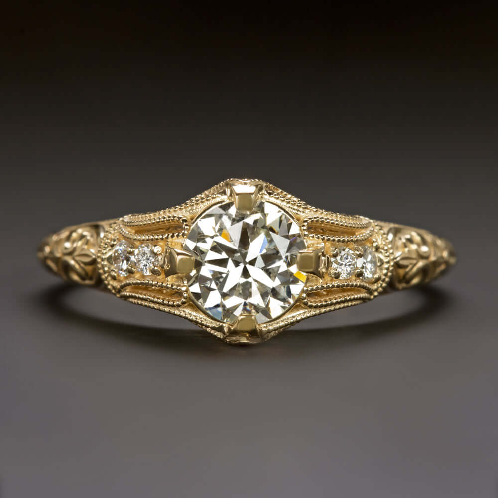 0.89ct OLD EUROPEAN CUT DIAMOND ENGAGEMENT RING VINTAGE 14k YELLOW GOLD ANTIQUE