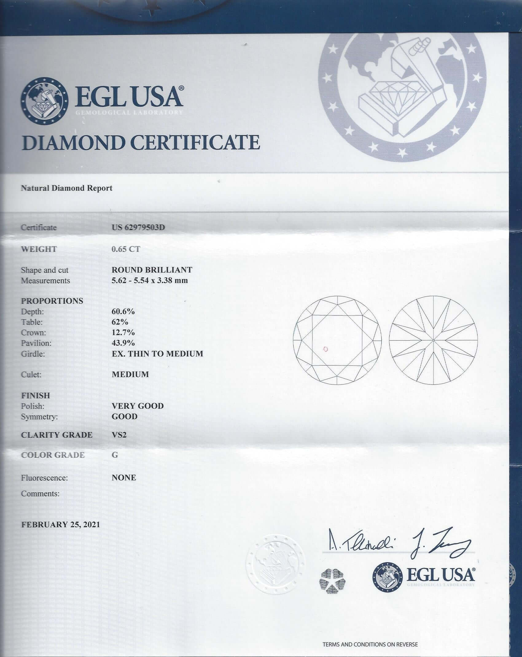 CERTIFIED G VS2 DIAMOND .65ct VINTAGE ROUND BRILLIANT CUT ENGAGEMENT LOOSE 2/3ct
