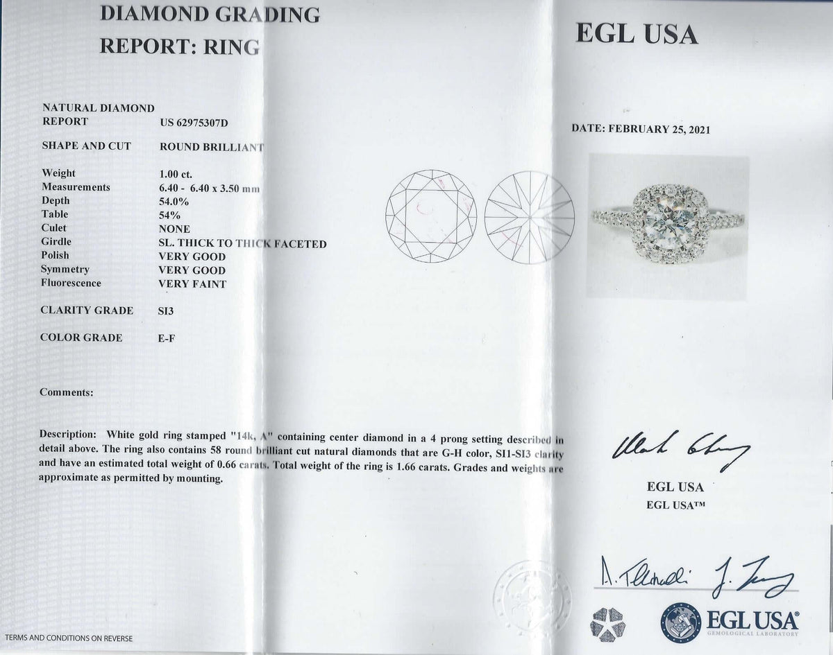 1.66ct F-G SI NATURAL DIAMOND ENGAGEMENT RING ROUND HALO WHITE GOLD 1 CARAT 1ct