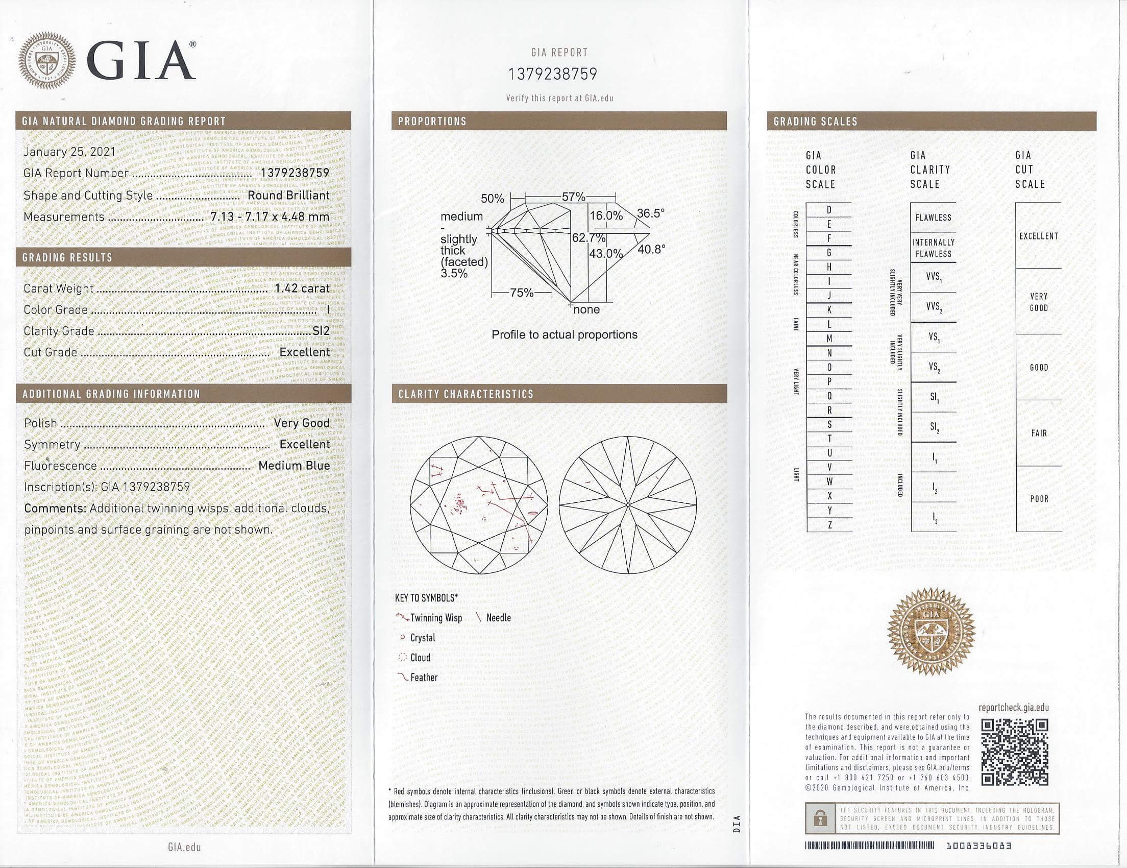 1.42ct GIA CERTIFIED EXCELLENT CUT DIAMOND H&A IDEAL ROUND BRILLIANT I SI2 LOOSE