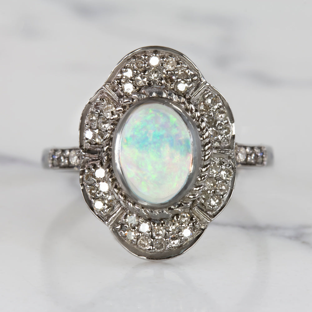 NATURAL OPAL DIAMOND COCKTAIL RING OVAL SHAPE CABOCHON DOUBLE HALO BOHO STYLE
