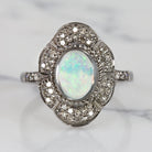 NATURAL OPAL DIAMOND COCKTAIL RING OVAL SHAPE CABOCHON DOUBLE HALO BOHO STYLE