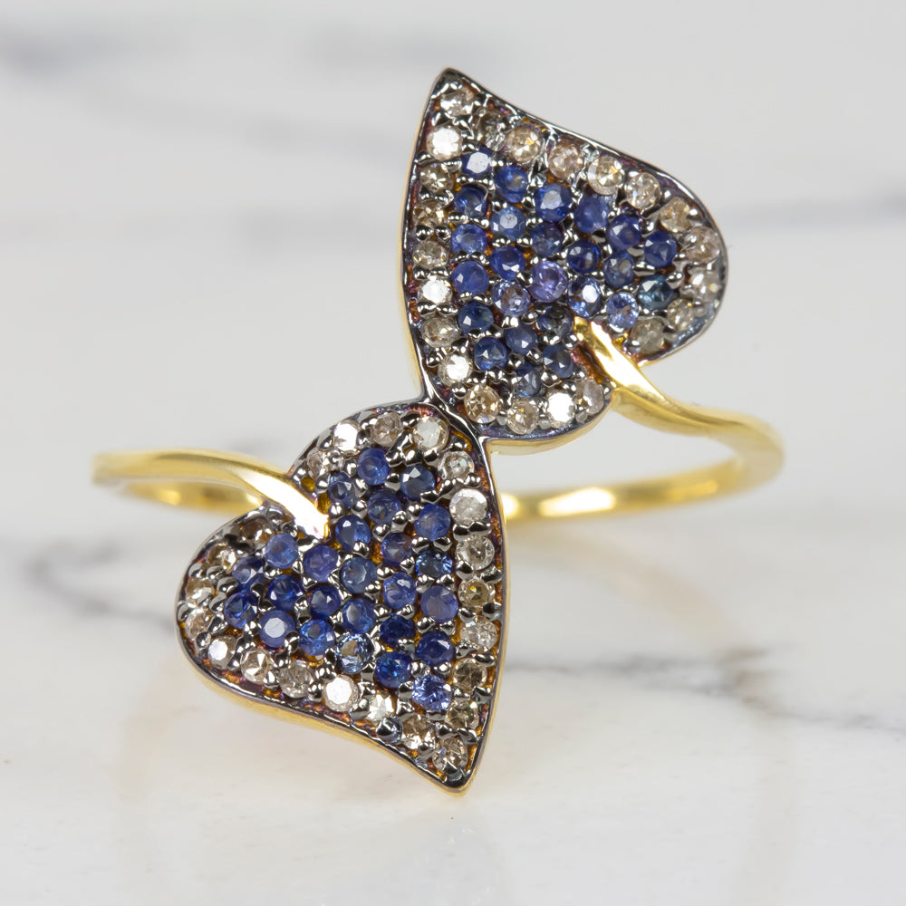 NATURAL SAPPHIRE PAVE DIAMOND COCKTAIL RING LEAF SHAPE BOTANICAL BLUE BOHO STYLE Ivy & Rose