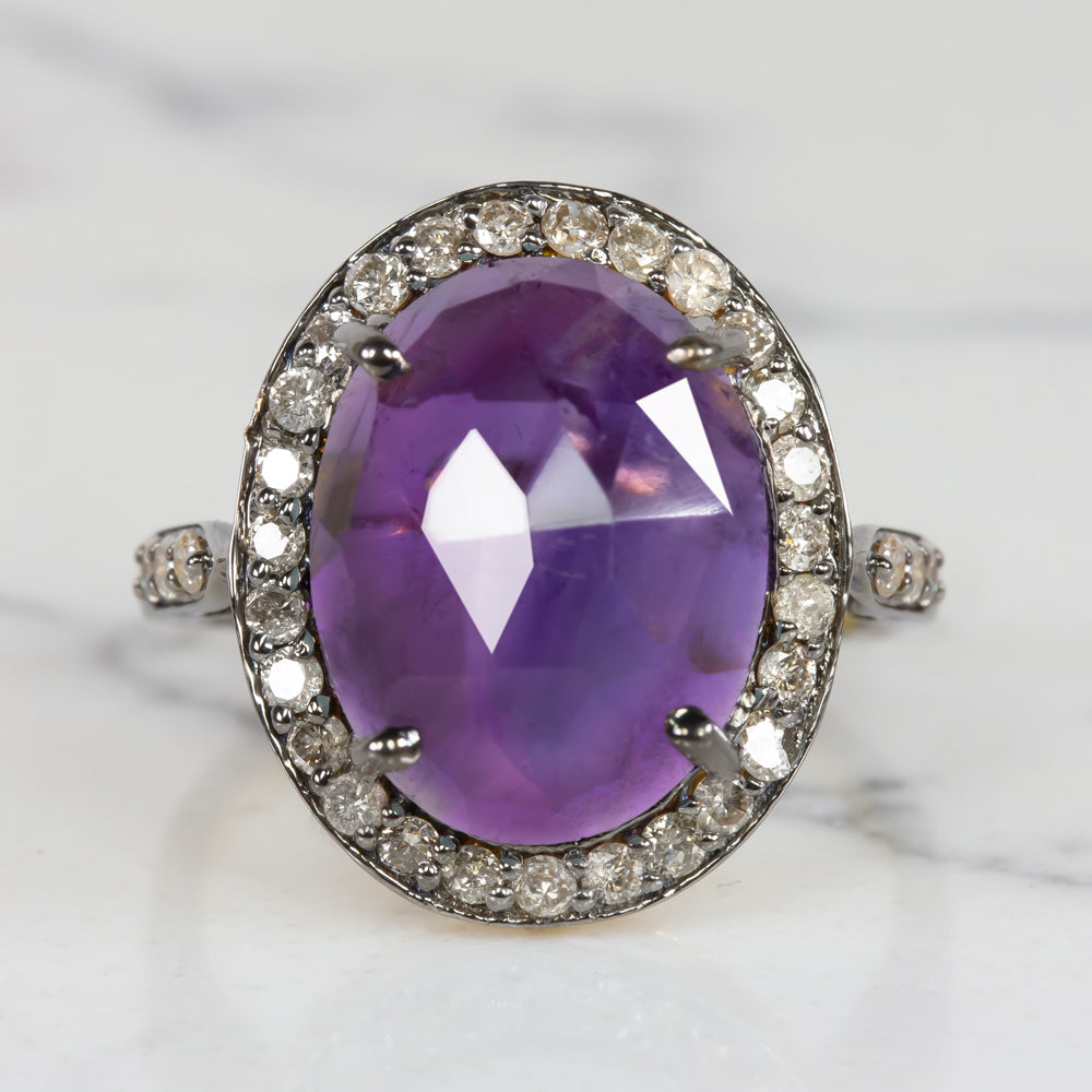 NATURAL AMETHYST DIAMOND COCKTAIL RING PURPLE OVAL SHAPE ROSE CUT HALO STATEMENT