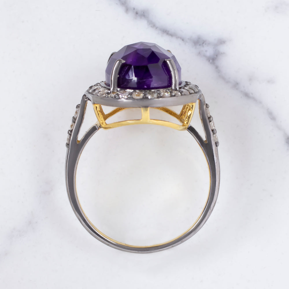 NATURAL AMETHYST DIAMOND COCKTAIL RING PURPLE OVAL SHAPE ROSE CUT HALO STATEMENT