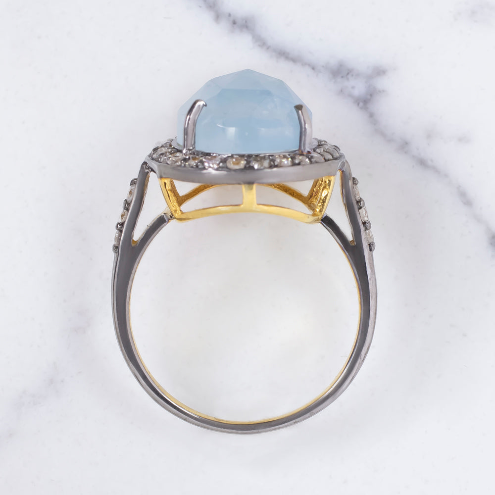 NATURAL AQUAMARINE DIAMOND COCKTAIL RING BLUE OVAL SHAPE ROSE CUT HALO STATEMENT