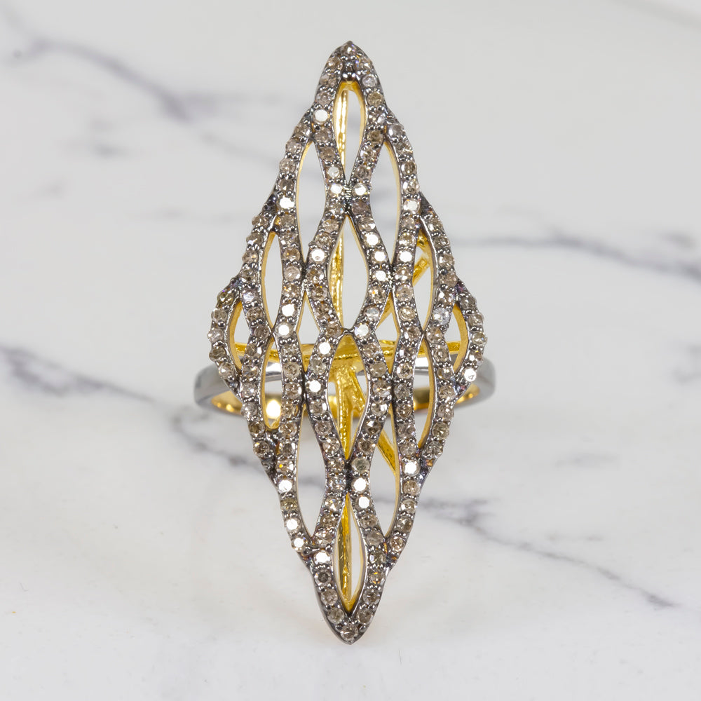NATURAL .84c PAVE DIAMOND STATEMENT RING 1.5in BIG GEOMETRIC COCKTAIL LONG CUFF