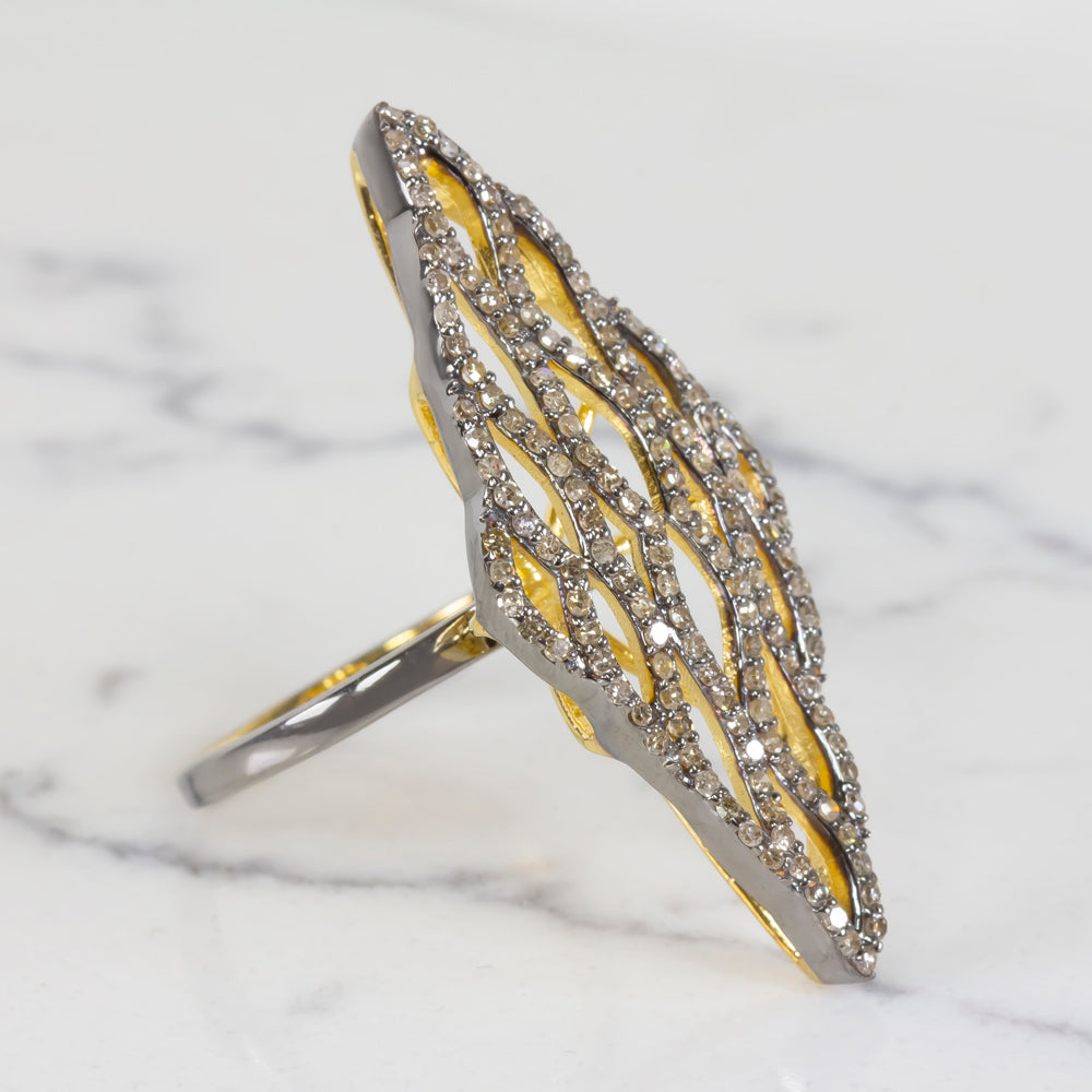 NATURAL .84c PAVE DIAMOND STATEMENT RING 1.5in BIG GEOMETRIC COCKTAIL LONG CUFF