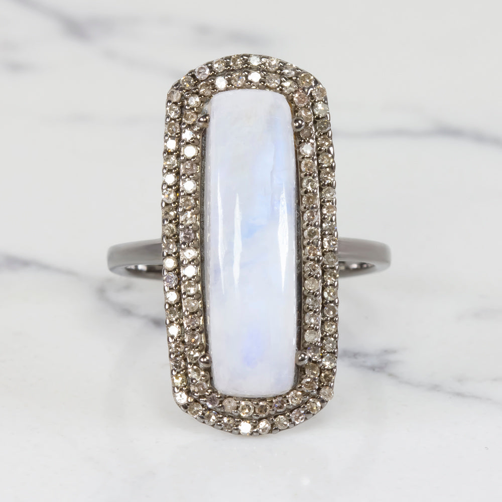 NATURAL MOONSTONE DIAMOND COCKTAIL RING LONG CABOCHON DOUBLE HALO BOHO STYLE