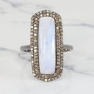 NATURAL MOONSTONE DIAMOND COCKTAIL RING LONG CABOCHON DOUBLE HALO BOHO STYLE