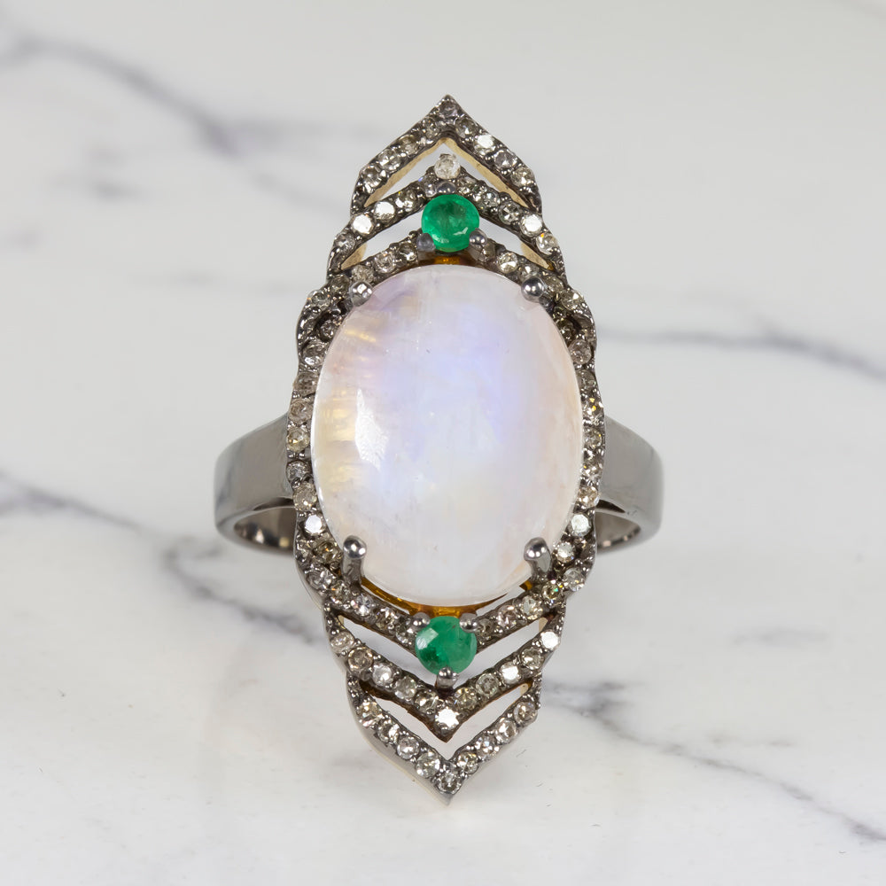 NATURAL MOONSTONE DIAMOND COCKTAIL RING CABOCHON BOHO STYLE STATEMENT BIG OVAL