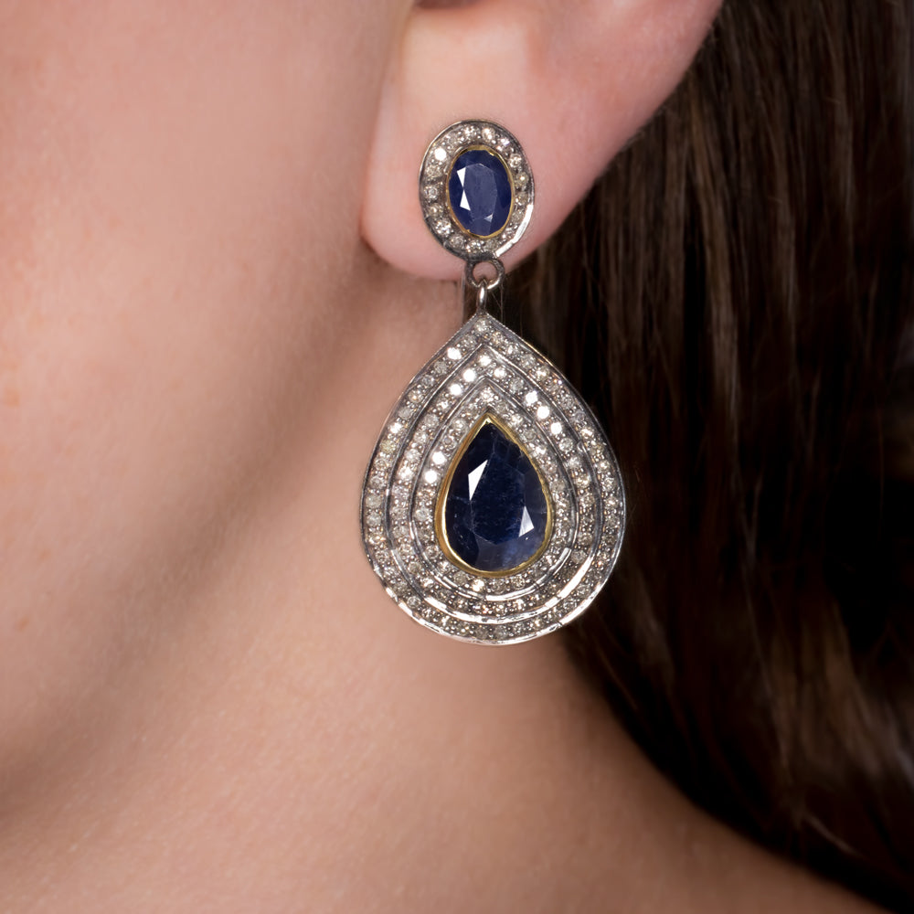 NATURAL DIAMOND SAPPHIRE EARRINGS STATEMENT DROP DANGLE PEAR TEARDROP BLUE BIG