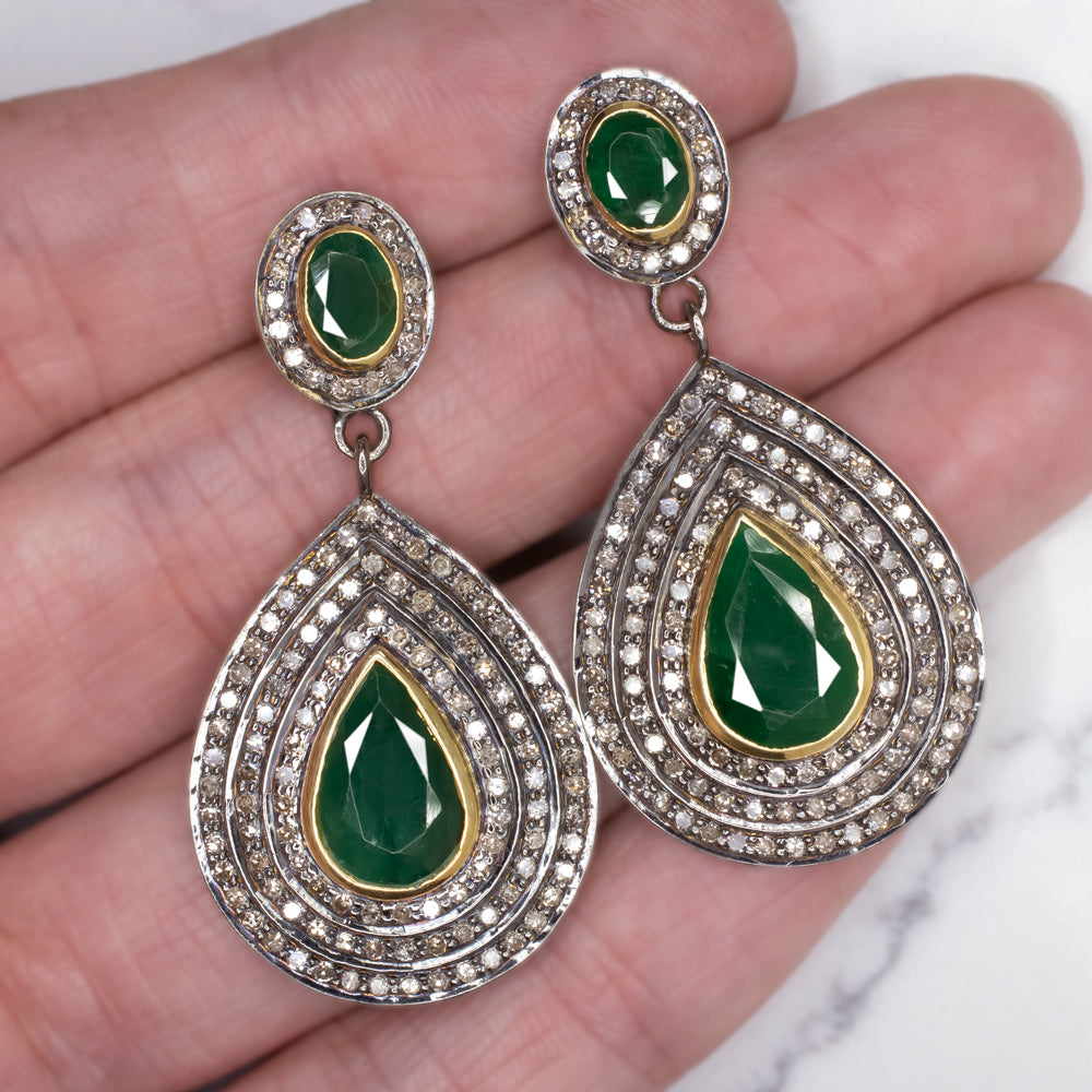 Silver Emerald Cut Forest Green Crystal and Cubic Zirconia Halo Drop  Earrings