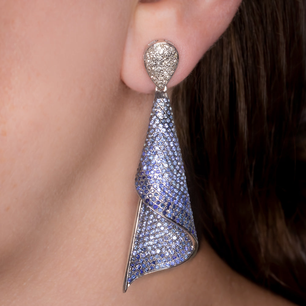 NATURAL DIAMOND SAPPHIRE EARRINGS 2.5 INCH STATEMENT DROP DANGLE GRADIENT OMBRE