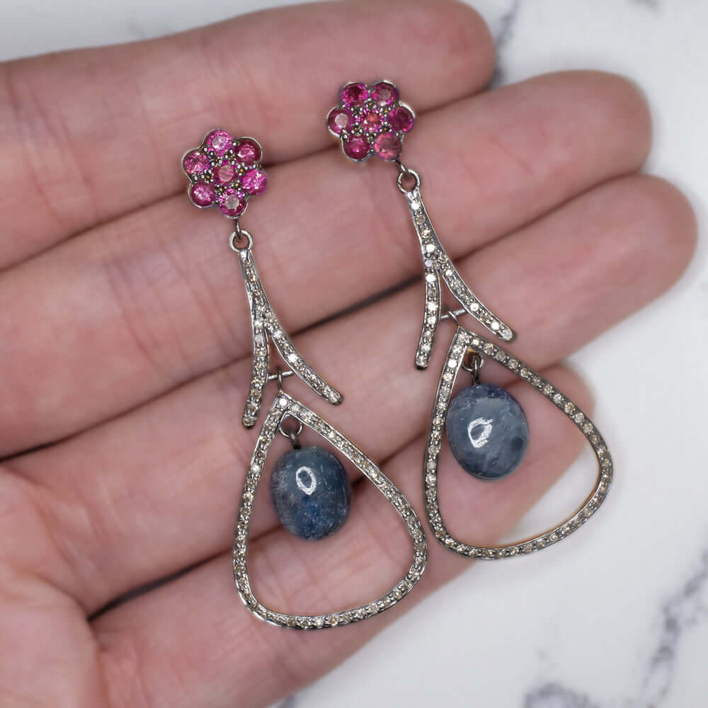 12ct NATURAL DIAMOND SAPPHIRE RUBY DANGLE EARRINGS BOHO STATEMENT DROP BLUE RED Ivy & Rose