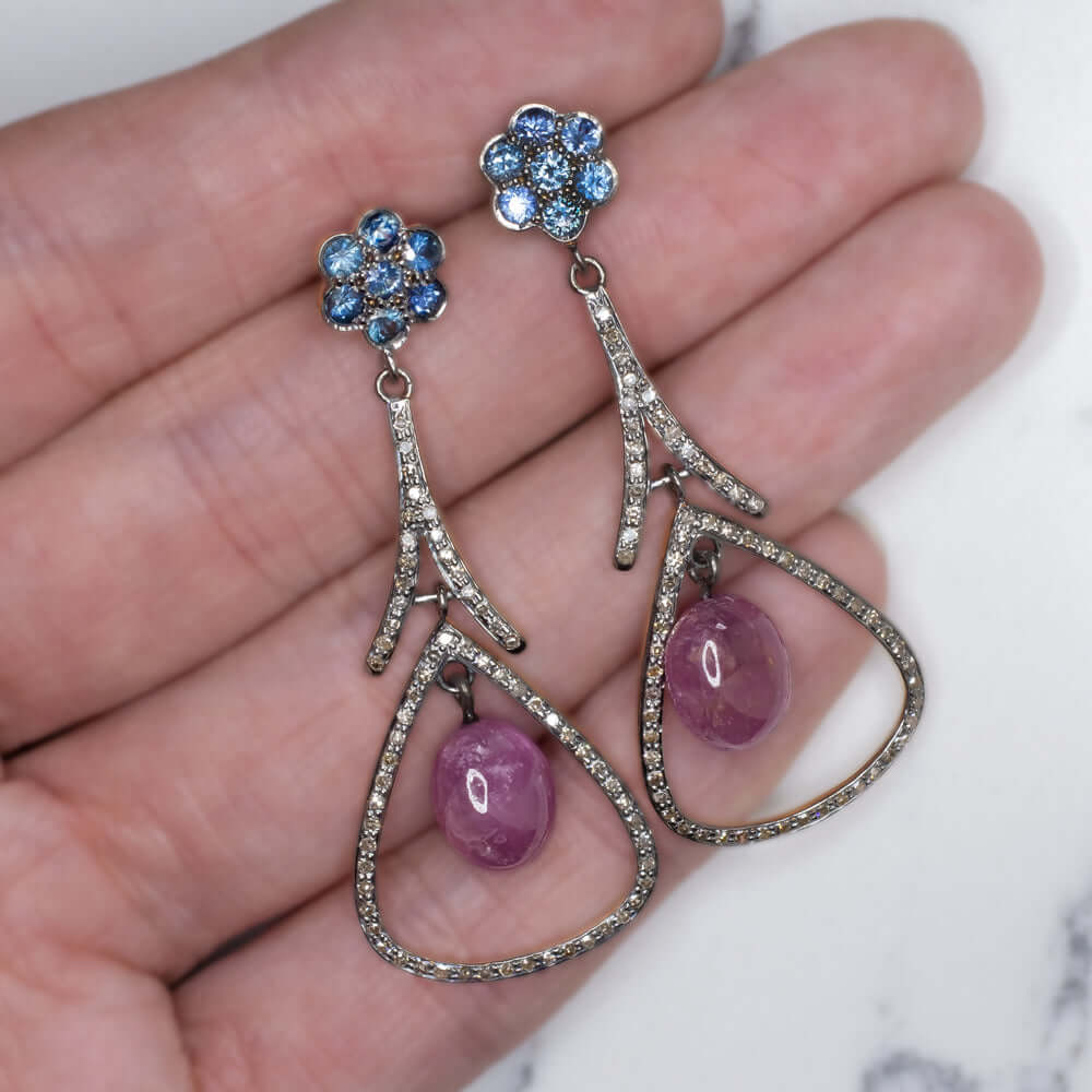 12ct NATURAL DIAMOND RUBY SAPPHIRE DANGLE EARRINGS BOHO STATEMENT