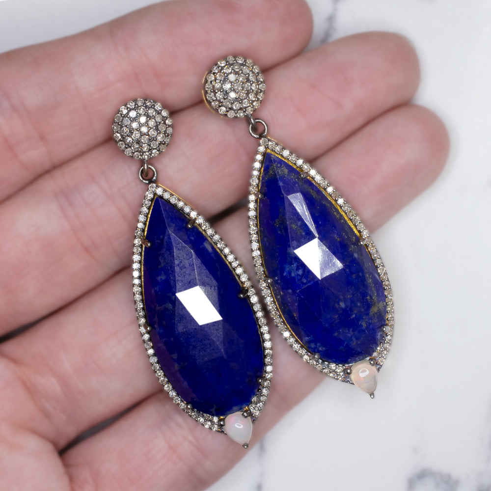 NATURAL LAPIS DIAMOND EARRINGS STATEMENT DROP DANGLE PEAR TEARDROP