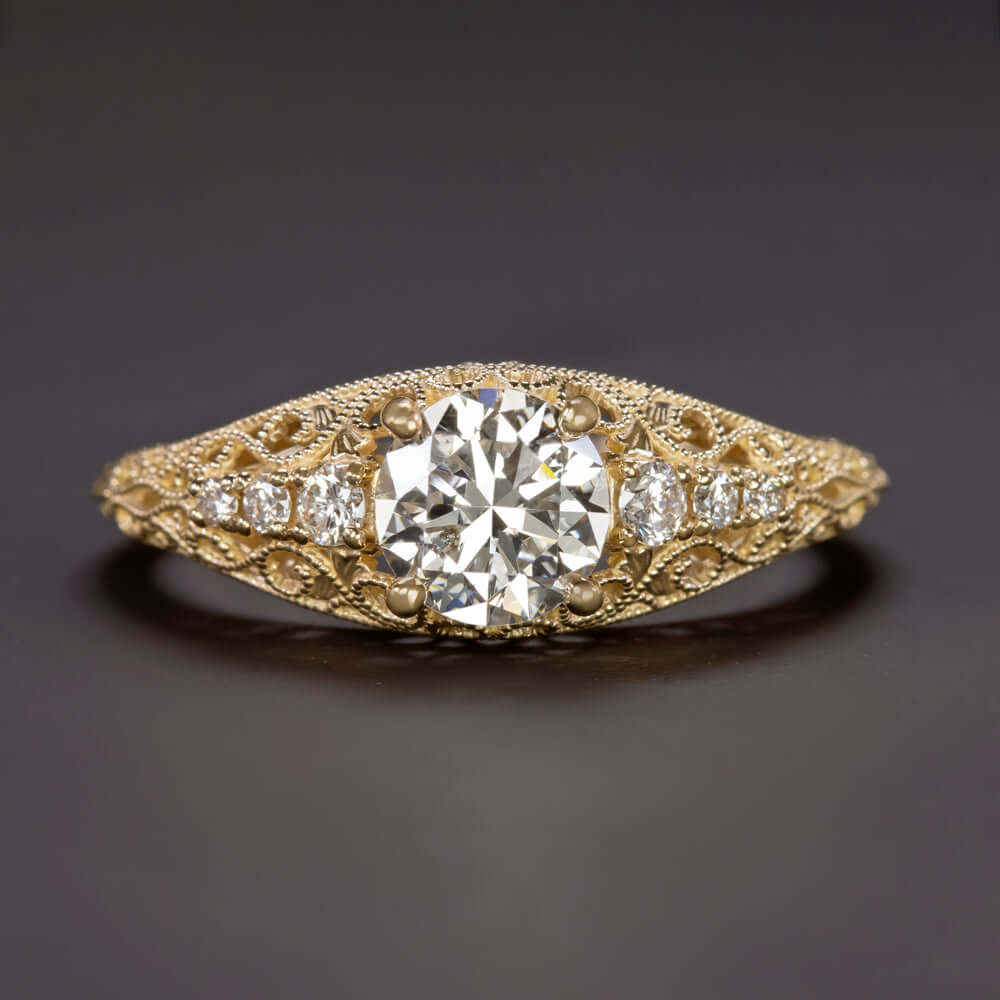 0.94ct GIA CERTIFIED DIAMOND VINTAGE ENGAGEMENT RING YELLOW GOLD ROUND FILIGREE Ivy & Rose