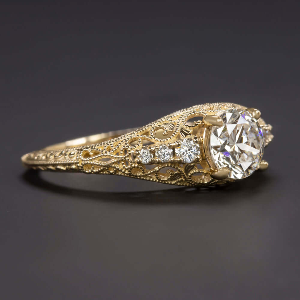 0.94ct GIA CERTIFIED DIAMOND VINTAGE ENGAGEMENT RING YELLOW GOLD ROUND FILIGREE Ivy & Rose