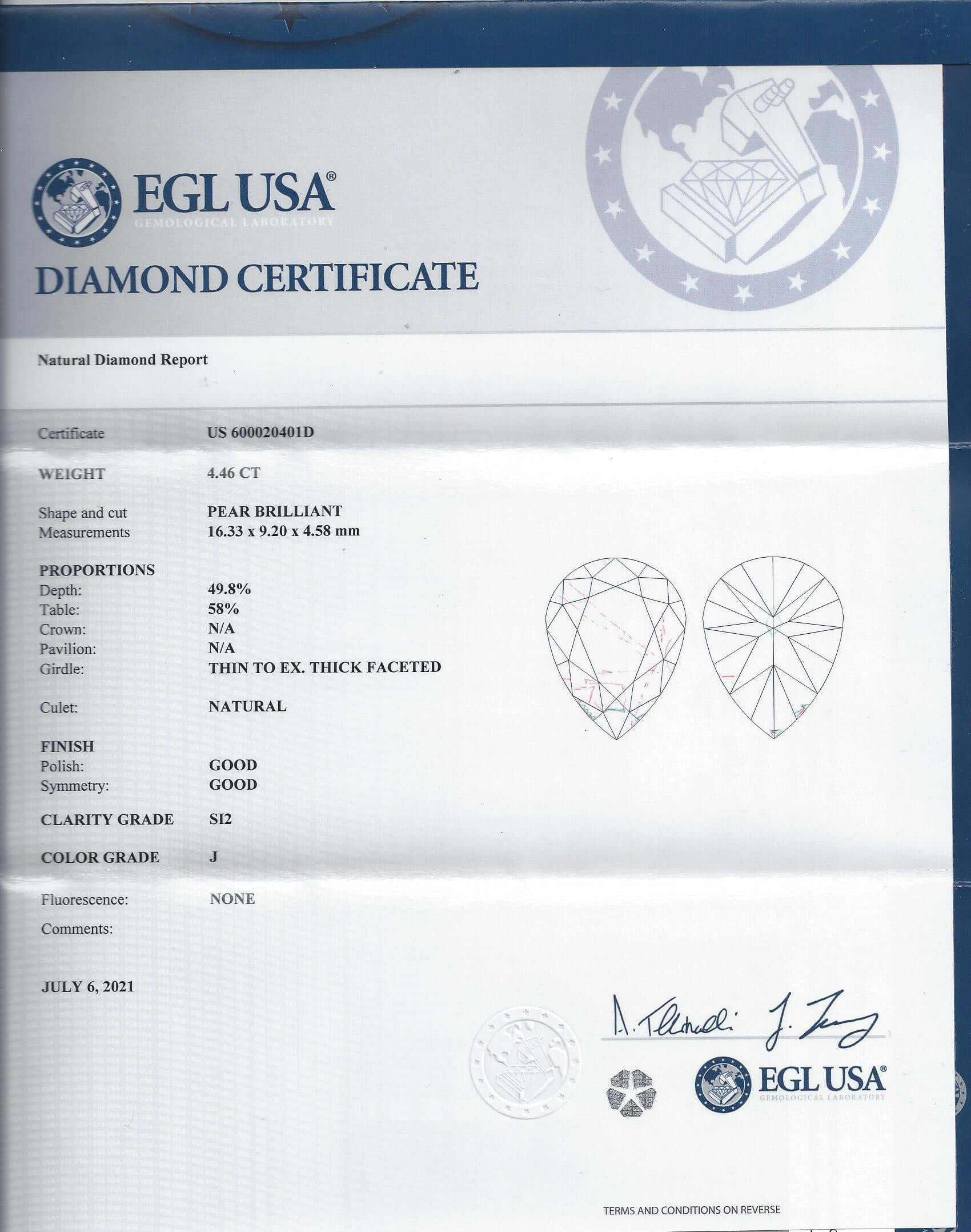 4.5 CARAT PEAR CUT DIAMOND J SI2 VINTAGE NATURAL TEARDROP SHAPE ESTATE LOOSE