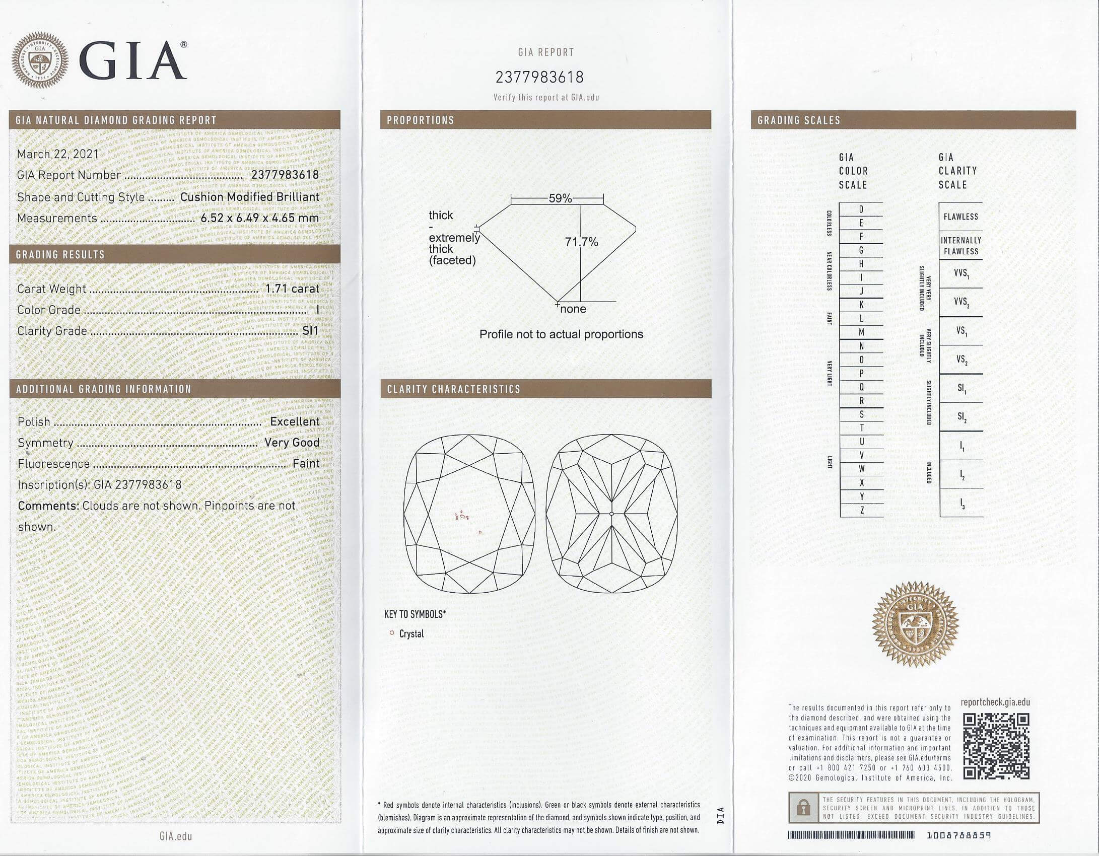 1.71ct GIA CERTIFIED CUSHION CUT DIAMOND I SI1 LOOSE NATURAL ENGAGEMENT 1.75ct