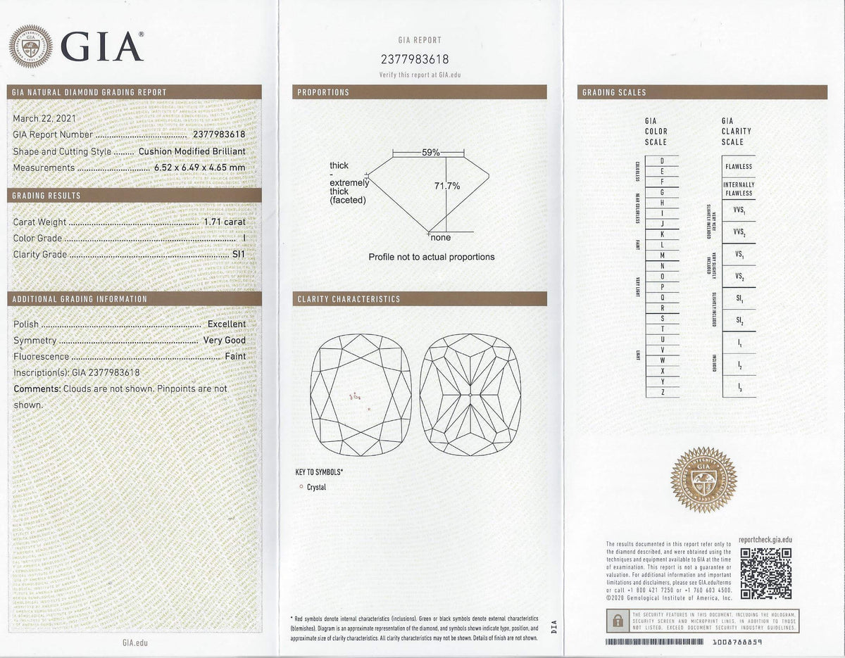 1.71ct GIA CERTIFIED CUSHION CUT DIAMOND I SI1 LOOSE NATURAL ENGAGEMENT 1.75ct