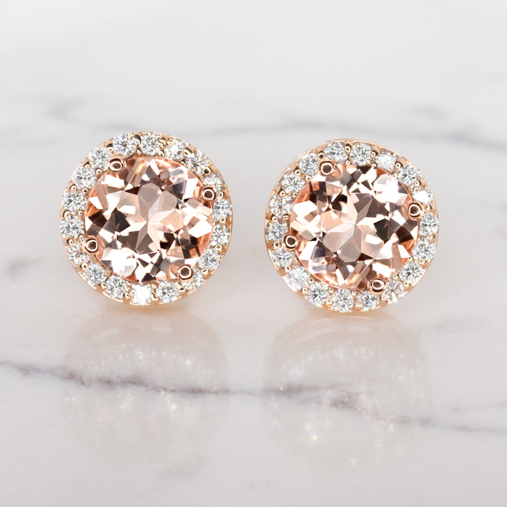 Natural Morganite Stud Earrings Round Cut 14K Rose Gold Halo Peach Pink Classic