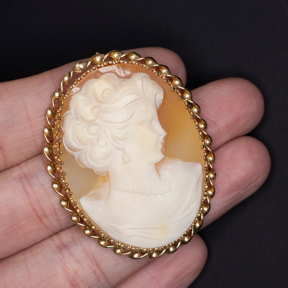VINTAGE CAMEO PENDANT 14K YELLOW GOLD BROOCH NECKLACE PIN ESTATE