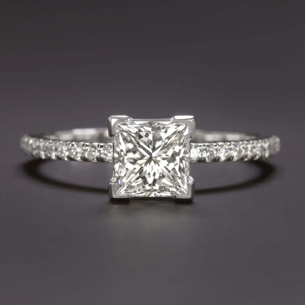 1.11c GIA CERTIFIED I SI1 DIAMOND ENGAGEMENT RING PRINCESS CUT PAVE BAND RADIANT