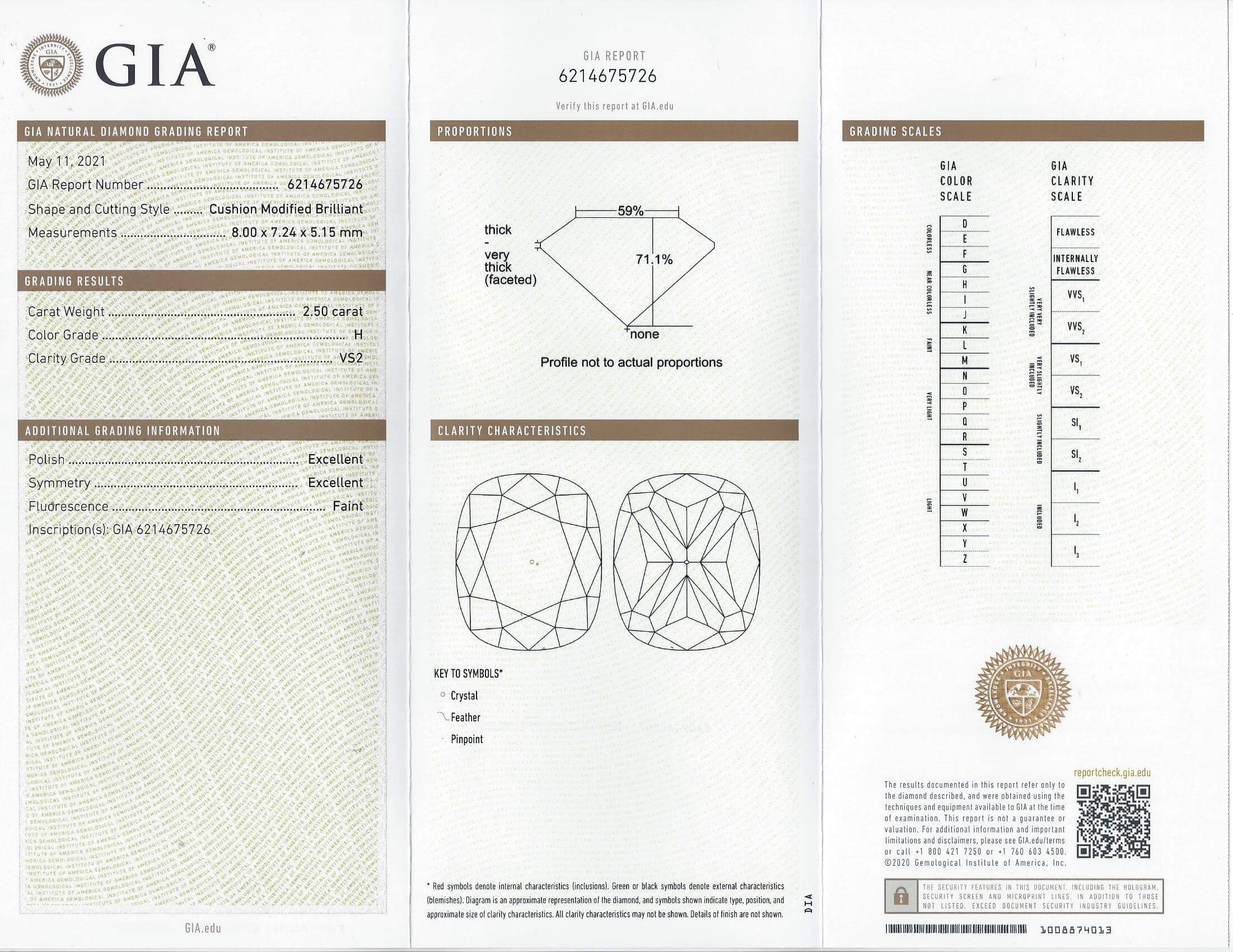 2.5 CARAT GIA CERTIFIED H VS2 DIAMOND CUSHION NATURAL LOOSE ENGAGEMENT 2.5ct