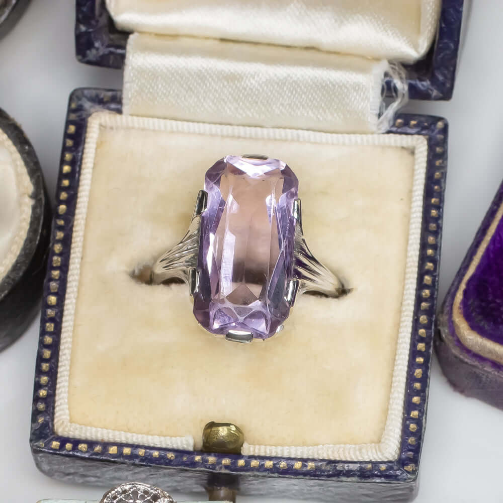 7.5ct VINTAGE AMETHYST COCKTAIL RING 14K WHITE GOLD LONG PURPLE ART DECO ESTATE Ivy & Rose
