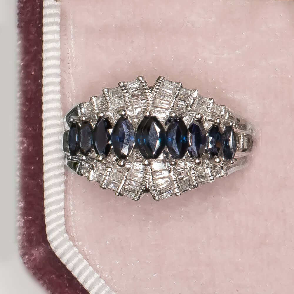 1.90ct NATURAL SAPPHIRE DIAMOND VINTAGE COCKTAIL RING WHITE GOLD MARQUISE BLUE