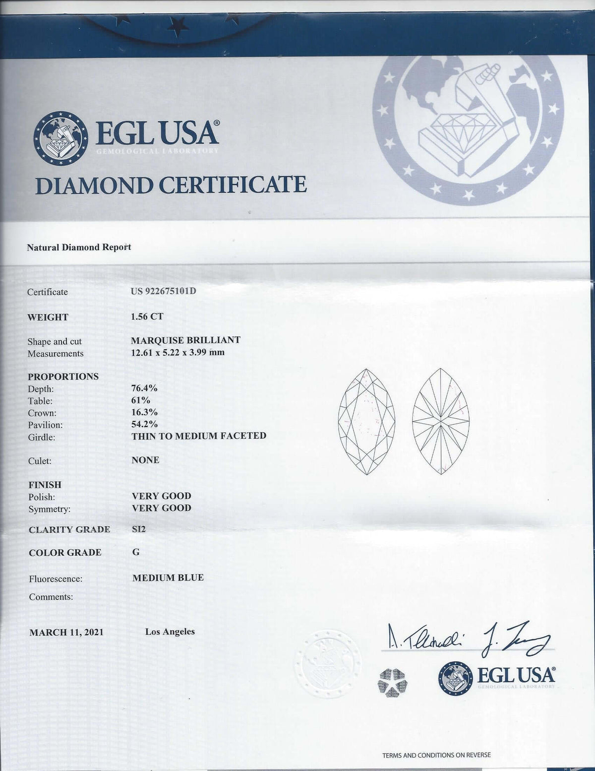 1.56ct 12.6mm MARQUISE CUT NATURAL DIAMOND G SI2 LONG SHAPE PENDANT LOOSE 1.5ct