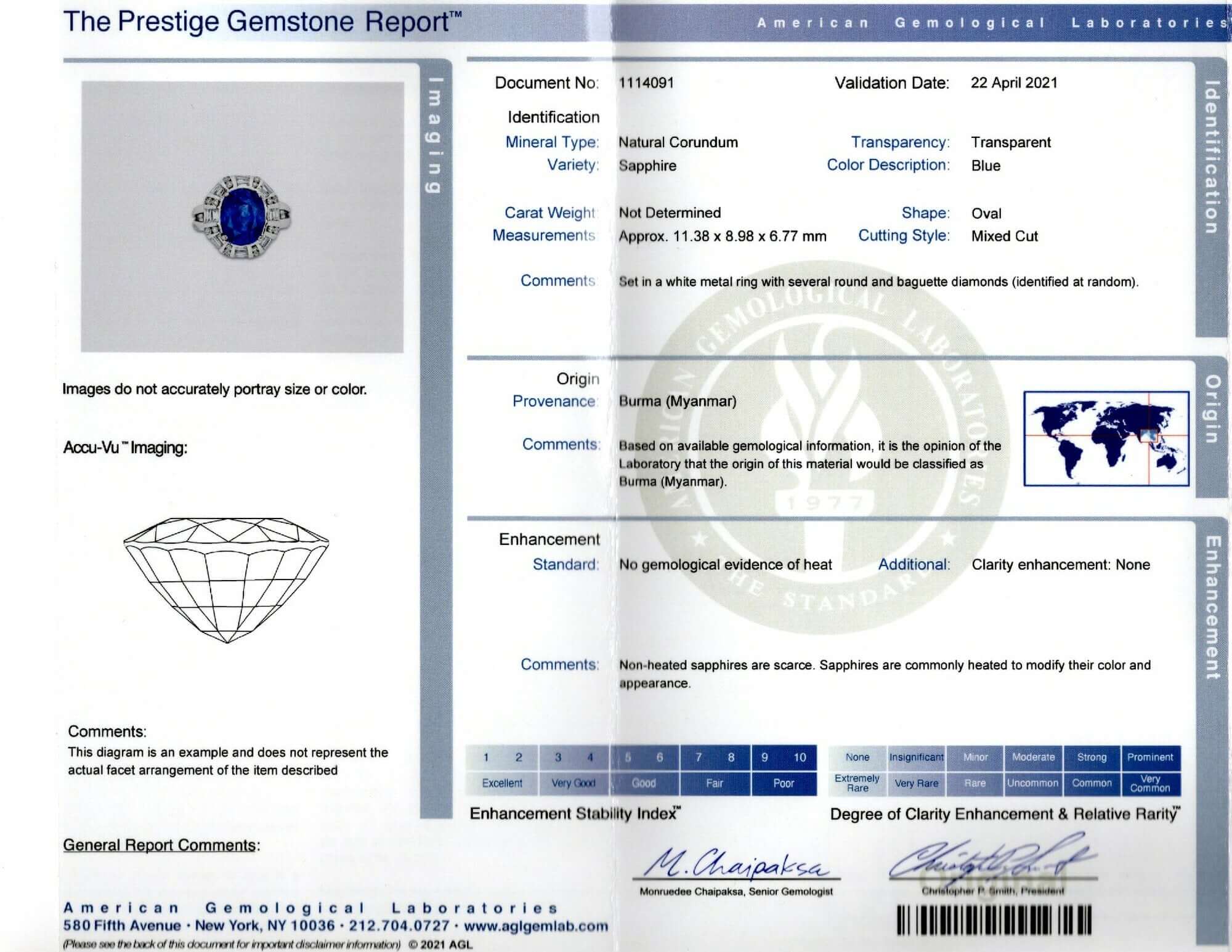 6c AGL CERTIFIED NO HEAT SAPPHIRE DIAMOND RING 18k WHITE GOLD OVAL