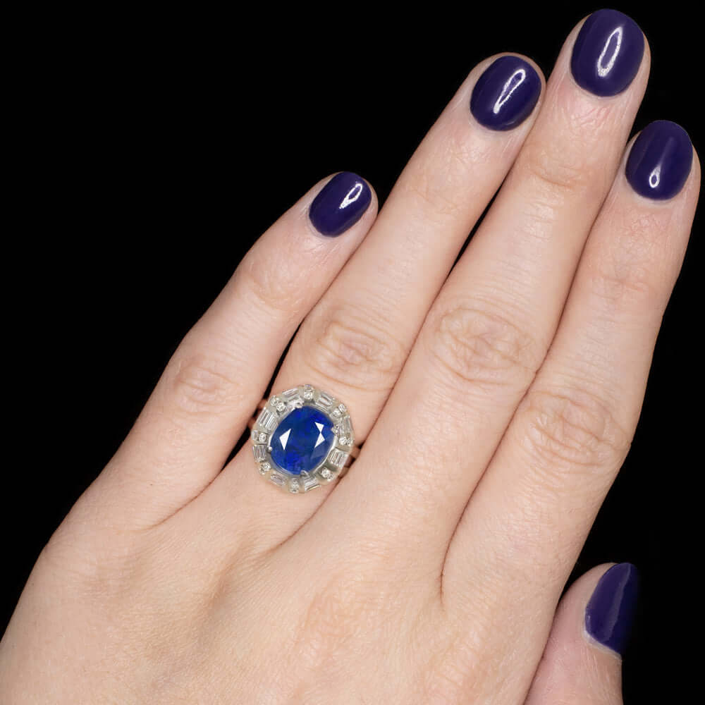 6c AGL CERTIFIED NO HEAT SAPPHIRE DIAMOND RING 18k WHITE GOLD OVAL HALO COCKTAIL